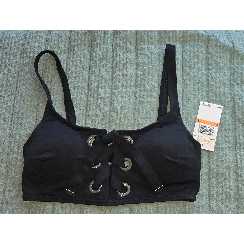 NWT Michael Kors Bikini Top Black Lace Up Grommet Womens MM3Q457 Size S